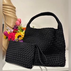 Women hobo bag / black fabric with a small pouch